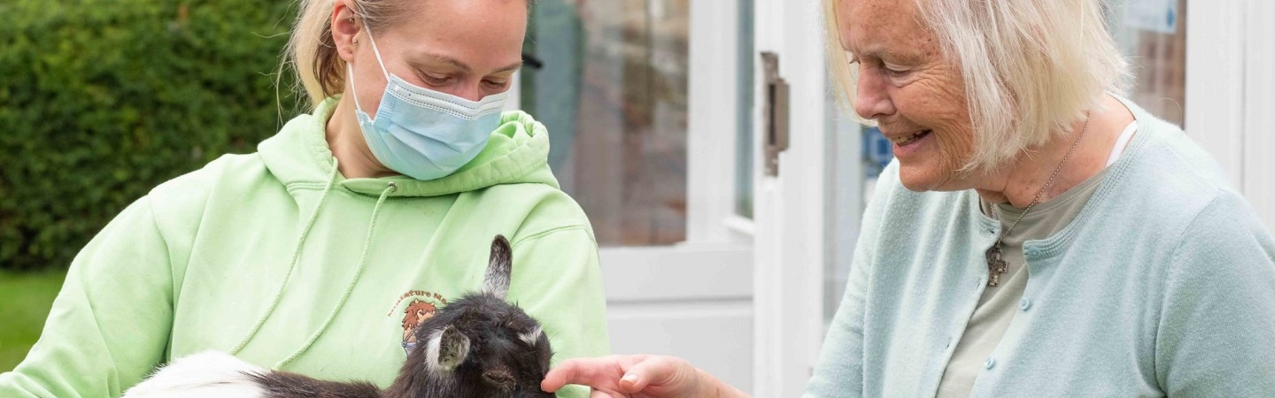 Residents petting the goats